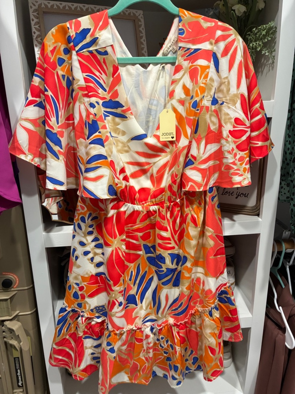 JODIFL Coral, Blue & Cream Tropical Print Ruffle Mini Dress